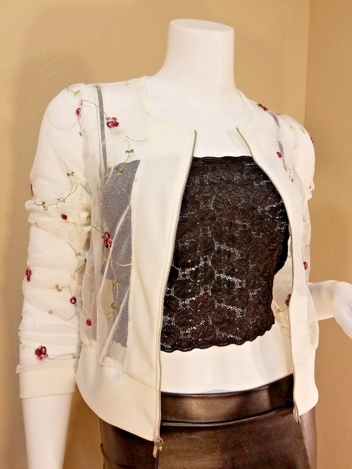 Fashion See-Through Flower Floral Zip Baseball Coat Jacket Blazer