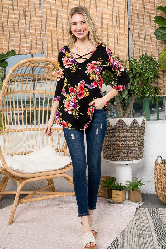 ALLOVER FLORAL LACE UP BASIC TOP