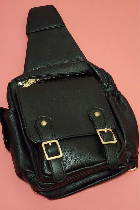 TWO STRAP DETAIL FRONT VEGAN LEATHER SLING BAGS