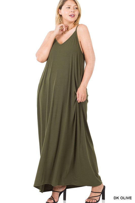 PLUS V-NECK CAMI MAXI DRESS WITH SIDE POCKETS