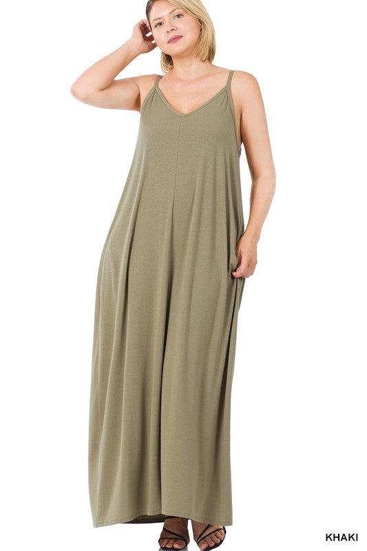 PLUS V-NECK CAMI MAXI DRESS WITH SIDE POCKETS