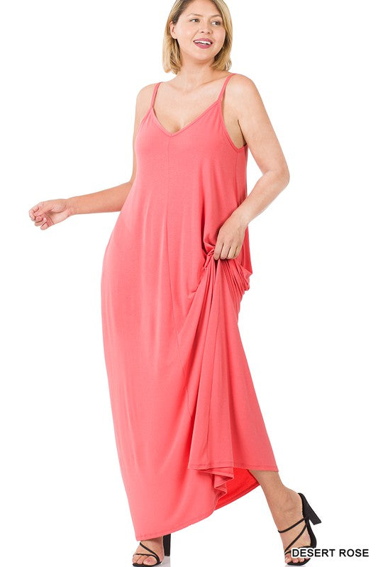 PLUS V-NECK CAMI MAXI DRESS WITH SIDE POCKETS