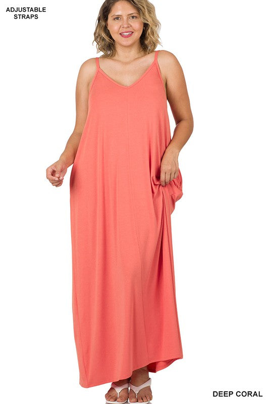 PLUS V-NECK CAMI MAXI DRESS WITH SIDE POCKETS