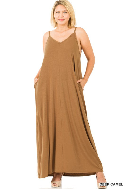 PLUS V-NECK CAMI MAXI DRESS WITH SIDE POCKETS