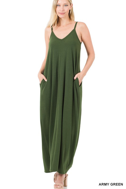 V-NECK CAMI MAXI DRESS WITH SIDE POCKETS