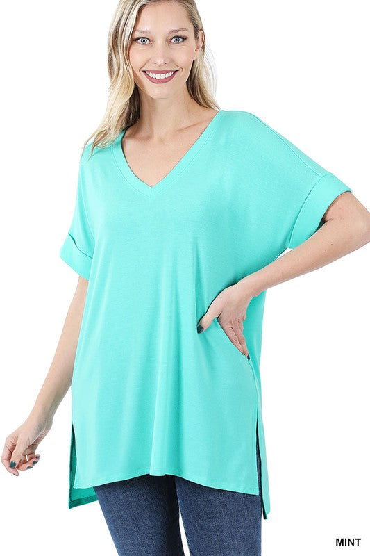 ROLLED SHORT SLEEVE SIDE SLIT HI-LOW HEM TOP