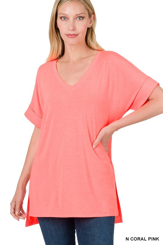 ROLLED SHORT SLEEVE SIDE SLIT HI-LOW HEM TOP