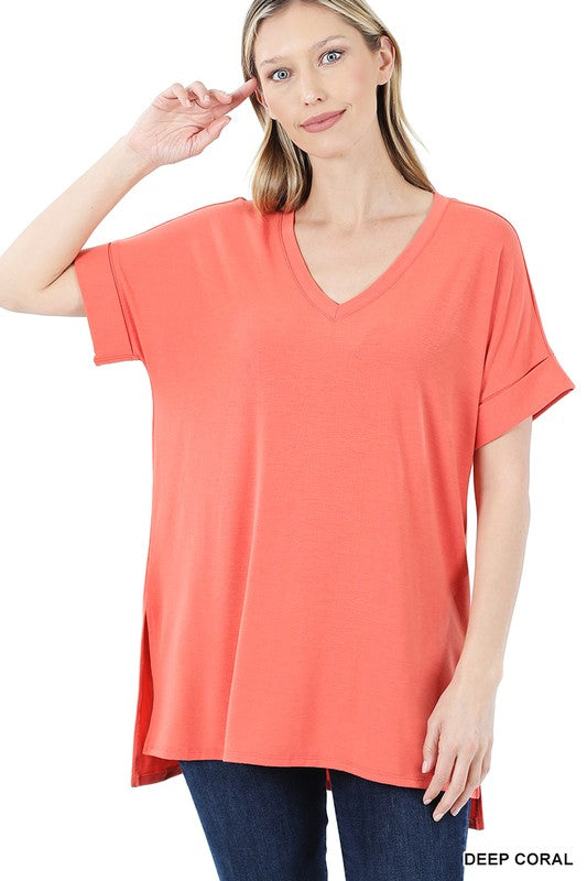 ROLLED SHORT SLEEVE SIDE SLIT HI-LOW HEM TOP