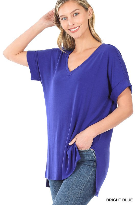 ROLLED SHORT SLEEVE SIDE SLIT HI-LOW HEM TOP