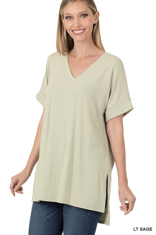 ROLLED SHORT SLEEVE SIDE SLIT HI-LOW HEM TOP