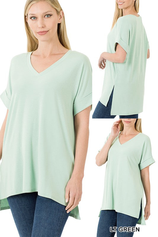 ROLLED SHORT SLEEVE SIDE SLIT HI-LOW HEM TOP