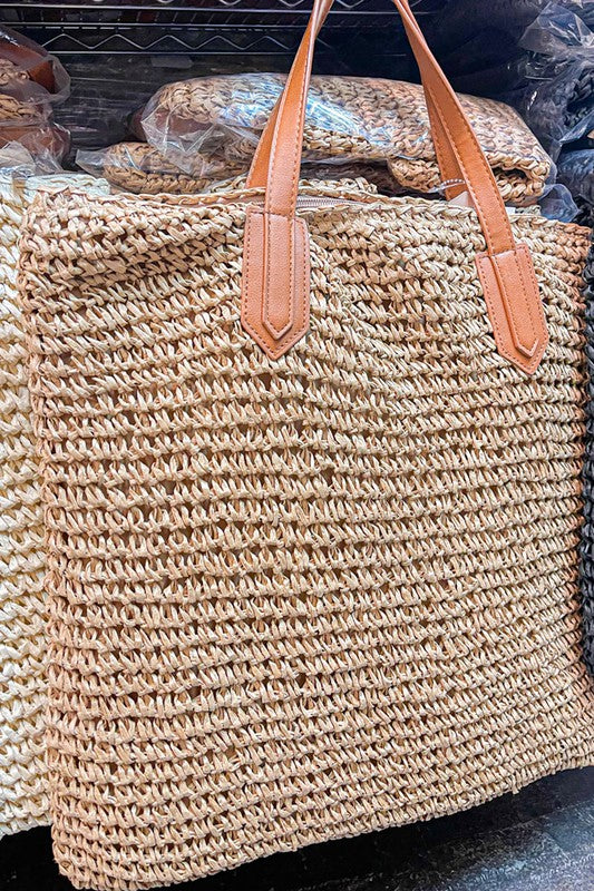 SUMMER BEACH BAG OUT SQUARE STRAW BRAIDED TOTE BAG