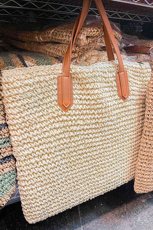 SUMMER BEACH BAG OUT SQUARE STRAW BRAIDED TOTE BAG