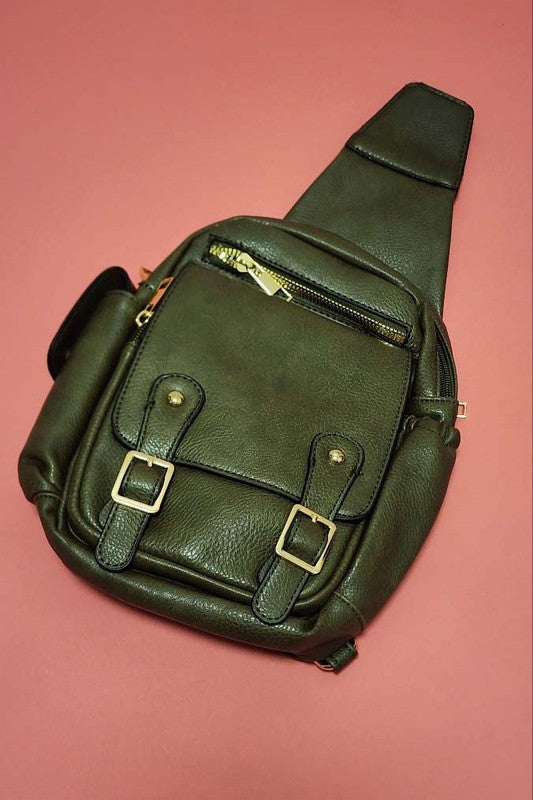 TWO STRAP DETAIL FRONT VEGAN LEATHER SLING BAGS